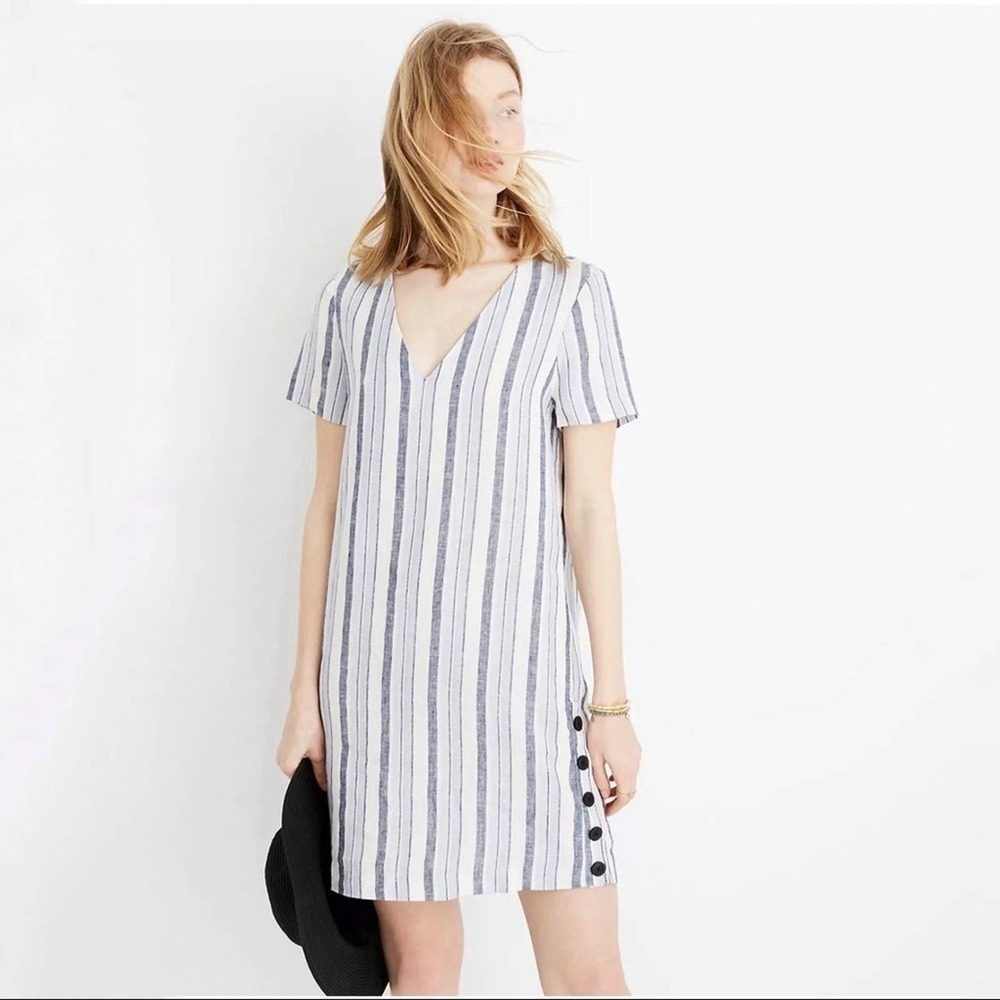 Madewell Striped Linen Side-Button Easy Dress Size Small